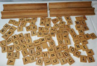 100 Scrabble Wood Tiles - Four Tile Racks,  From Vintage Set