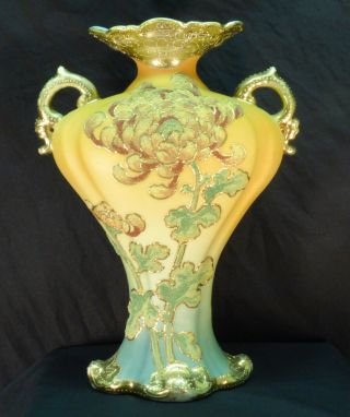 Antique Nippon Coralene 8 3/4 " Porcelain Vase Floral Chrysanthemum Gold 1909 Pat