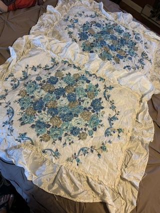 Vintage Satin Look Tan & Blue Roses Floral Pillow Shams Set King Quilted Ruffled