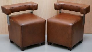 Heritage Brown Leather With Chrome Back Supports Small Chair Stools