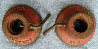 Vintage Pair York Barbell Standard 1 " Bar Red Heavy Cast Iron Weight Collars