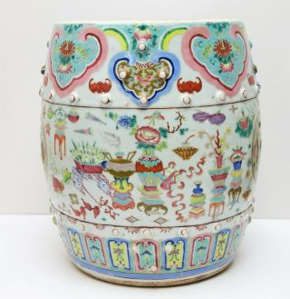 19th C Antique Chinese Famille Rose Porcelain Garden Seat Stool Precious Objects