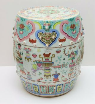 19th c Antique Chinese Famille Rose Porcelain Garden Seat Stool Precious Objects 3