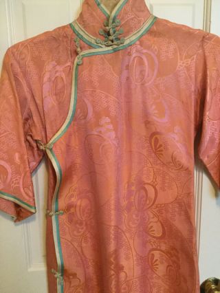 Exquisite Antique Chinese Damask Silk Robe Lovely Coral Color