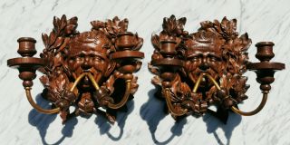 Rare Antique C.  1900 Pair French Carved Oak Grotesque Theatrical Wall Sconces 10 "