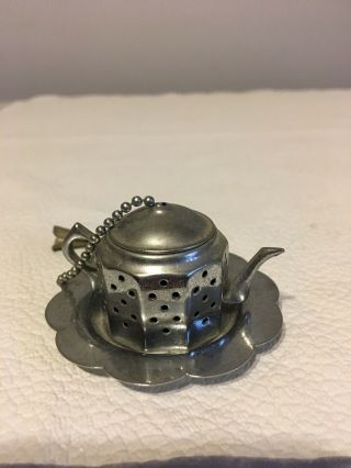 Vintage Tea Strainer Tea Pot Shape,  Chain & Saucer