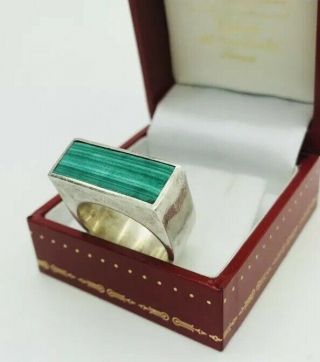 Solid Vtg Navajo Sterling Silver Malachite Masculine Thick Ring Heavy 23 Grams