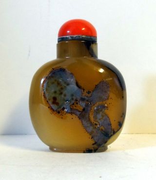 Antique Shadow Agate Snuff Bottle Qing Dynasty With Carving Of Bird On Tree