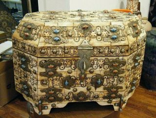 Vtg Moroccan Sandok Dowry Chest Trunk Camel Bone Silver Coral Turquoise Leather