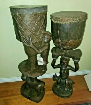 Antique Kuba African Tribal Ceremonial Drums Man & Woman Wood Figures Africa