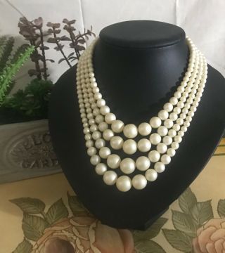 Stunning Vintage Multi - Strand Off White Satin Finish Faux Pearl Necklace Classy