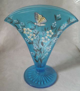 Vintage Fenton Sapphire Blue Glass Fan Vase Hand Painted Butterfly & Flowers