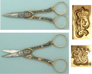 Antique French Enameled 18 Kt Gold Embroidery Scissors 1785 Hallmarks 2