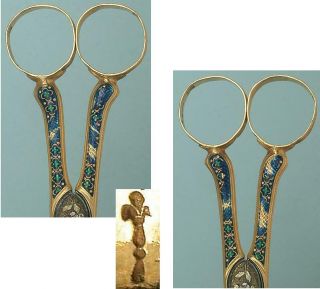Antique French Enameled 18 Kt Gold Embroidery Scissors 1785 Hallmarks 3