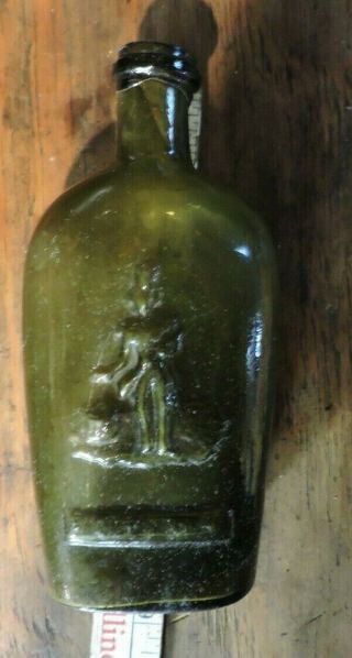Antique Dancer/soldier Flask Bottle Masonic Flask 1849 - 1869 Olive Green Vg