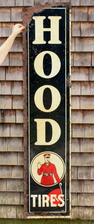 Rare Antique 1942 Hood Tires,  Tall Advertising Enamel Sign 17x78 Inches,  Nr