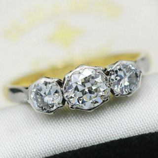 Antique 18ct Yellow Gold And Platinum 0.  73ct Old Cut Diamond Trilogy Ring