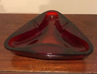 Vintage Ruby Red Triangular Ashtray.  7 1/4 "