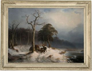 Horse And Cart In Winter Antique Oil Painting By Alexis De Leeuw (c.  1822–1900)