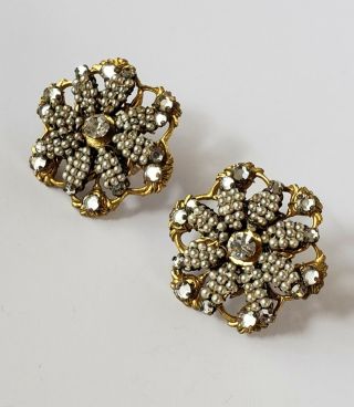 Vintage Miriam Haskell Crystal Rhinestone And Seed Pearl Earrings Signed