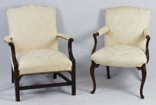 Mahogany Chippendale Style Chairs White Damask Fabric Williamsburg Look