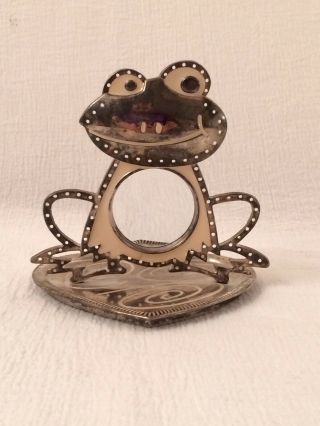 Retro Silver Toned Frog Earring Ring Jewelry Holder W/ Mirror Vintage