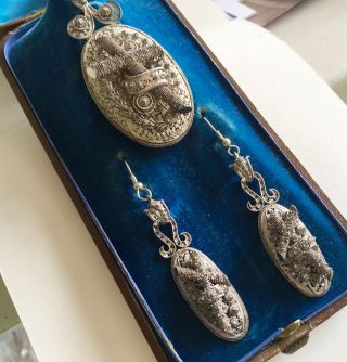 Antique Vintage Victorian Religious Silver Locket & Ear Rings