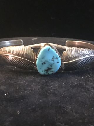 Vintage Native American Navajo Sterling Turquoise Leafed Cuff Sz7