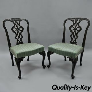 Pair Antique Solid Mahogany Georgian Style Dining Side Chairs Carved Ribbon Back