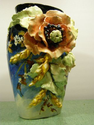Antique 19th C French Barbotine Majolica E.  G.  Vase Edouard Gilles Applied Roses