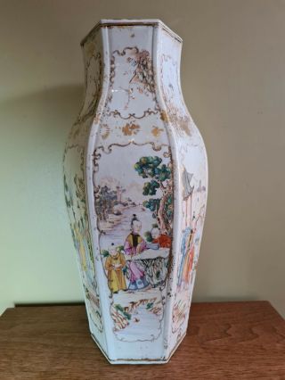 Antique Chinese Export Famille Rose Mandarin Hexagon Vase Qianlong 1790