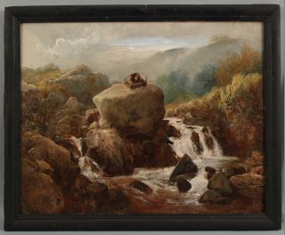 19thC Antique American Western Indian,  Beaver Hunter,  Landscape Painting 2