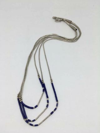 Vintage Native American Sterling Silver 3 Strand Lapis Stone Necklace
