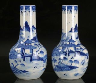 Large Pair Antique Chinese Blue And White Porcelain Bottle Vases 19th C Qing