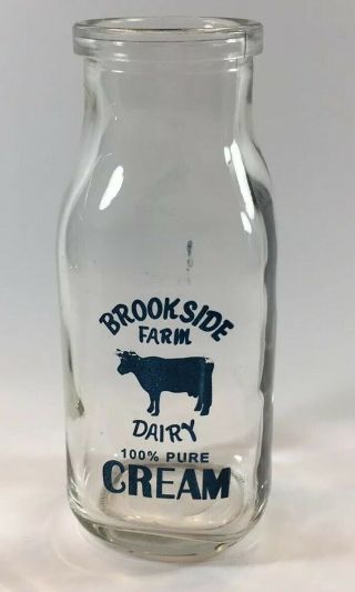 Vintage Brookside Farm Dairy Cream Bottle Blue Cow Logo,  5 1/2” Tall Half Pint