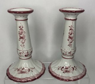 Pair Vintage Rccl Portugal Hand Painted Red & White Ceramic Floral Candle Sticks