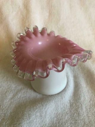Vintage Fenton Silver Crest Pink Cased W/ Clear Ruffled 3 1/2 " Tall Hat Vase