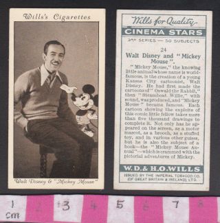 Cigarette Card Wills1931.  Cinema Stars 3rd No.  24 Walt Disney & Mickey Mouse (od53