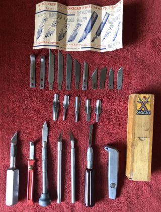 Vtg X - Acto Hobbyknives,  Logo Woodenbox,  Instructions For Blades.  6 Knives22 Blades