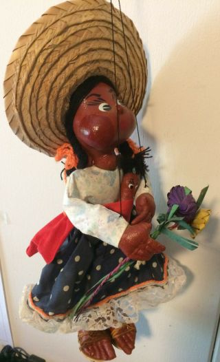 Vintage Mexican Folk Art Senorita Peasant Girl Marionette String Puppet