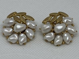 Vintage Aigned Trifari Faux Baroque Pearl And Goldtone Clip Earrings