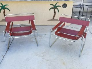 Set Of Two Rare Wassily Coral Red Leather Chrome Club Side Chairs Modern Italian
