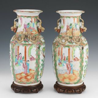 A Pair Chinese 19th C Rose Medallion Porcelain Vases with Stands. 3