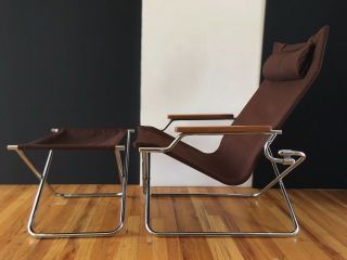 Mid Century Shigeru Uchida “z” Folding Lounge Chair/ottoman Chrome/canvas/wood