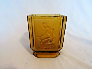 Vintage Amber/gold Square Glass Vase Kneeling Woman