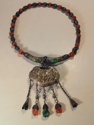 Antique Chinese Silver Lock Necklace With Enamel Dragons & Carnelian Turquoise