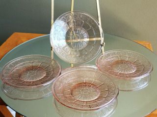 Set Of Four (4) Vintage Pink Doric & Pansy Glass Salad Plates Jeanette