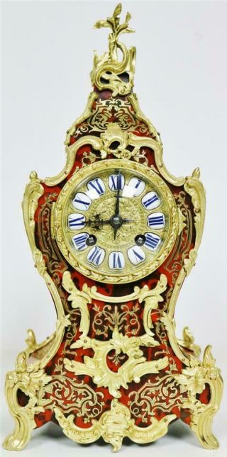 Quality Antique French 14day Red Shell Bronze Mount & Inlaid Boulle Mantle Clock