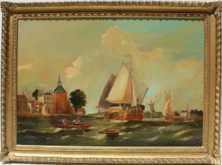Antique 19 Century Oil Painting On Canvas,  Seascape,  Dutch Harbor,  Framed