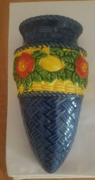 Vintage Blue Basketweave Flower Wall Pocket Vase Japan Floral Ceramic Decor